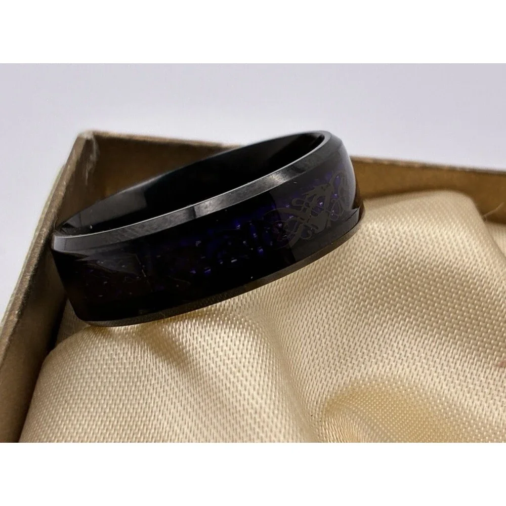 Black Keltic Dragon Purple Inlay Unisex Ring Size 15 Unbranded
